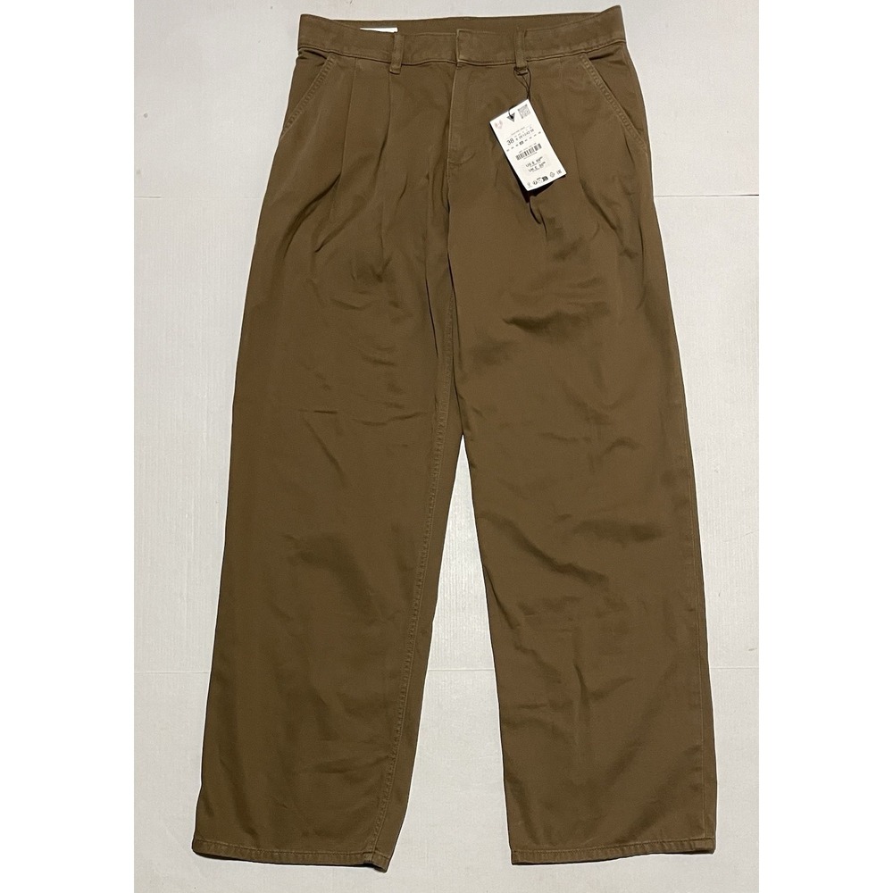 Zara Women Pleated Wide Leg Trousers Size 6 X 33 Brown Cotton Mid Rise Pants NWT
